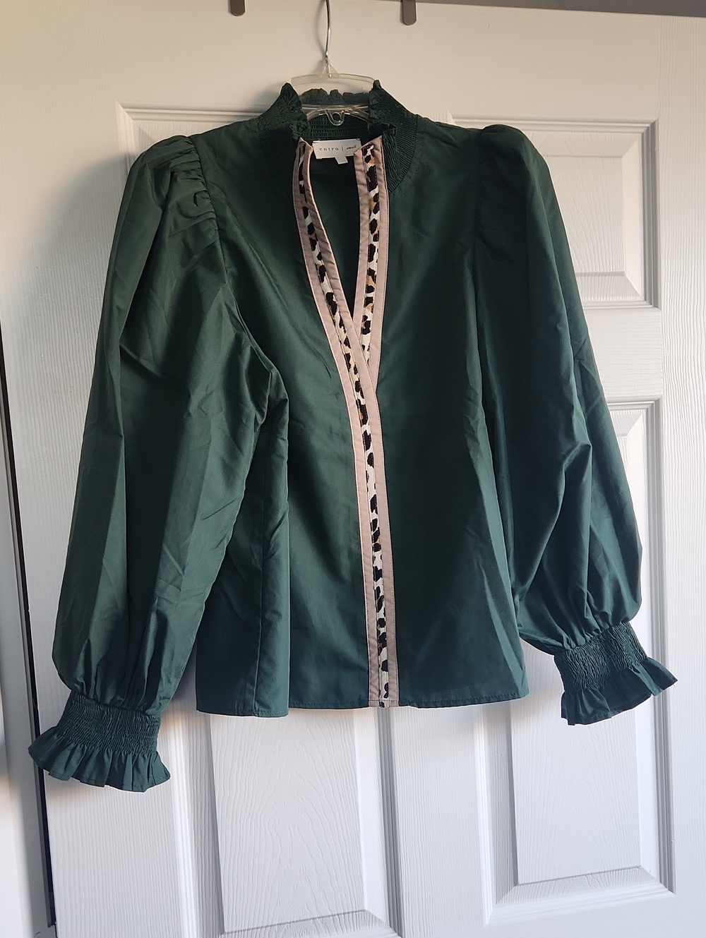 Entro Dark Green Puff Sleeve Blouse with Leopard Contrast Trim